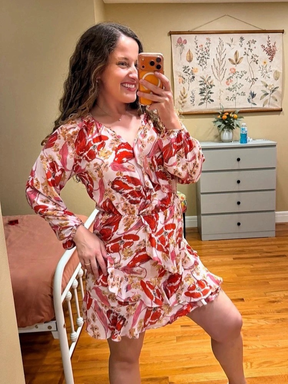 Parker Floral Wrap Mini Dress in Pink & Red Like New Medium Silk